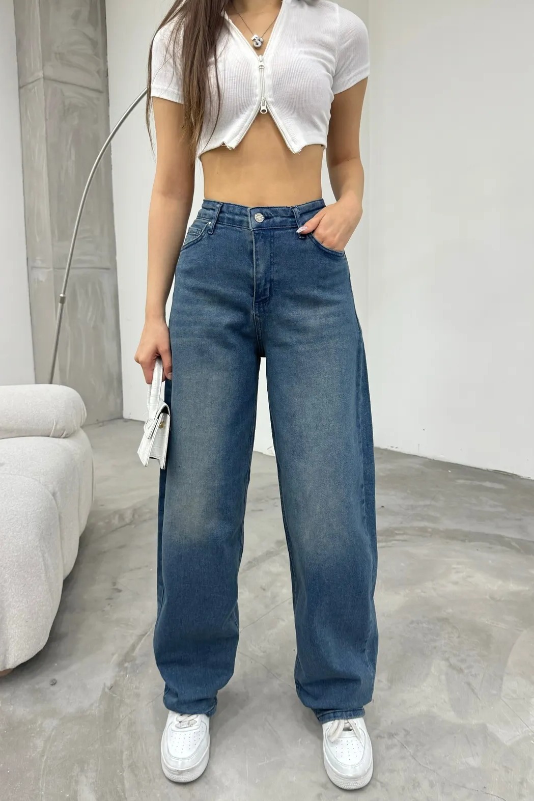 [SERİ] 20497 Geniş Dökümlü Paça Baggy Kot Pantolon - Retro Koyu Mavi