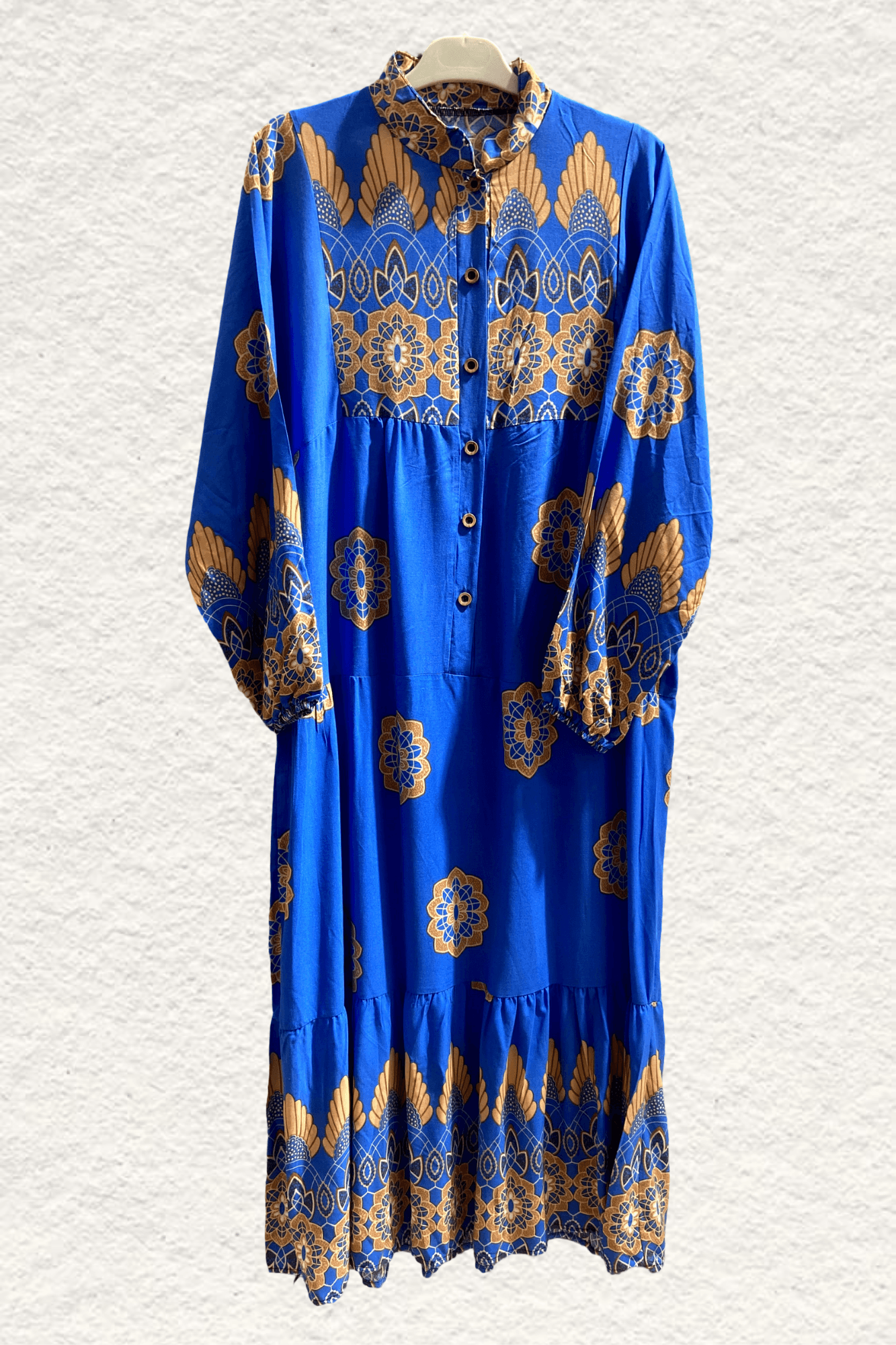 [SERİ] 20549- Eteği Sulu Dokuma Viskon Elbise - Saks Mavi