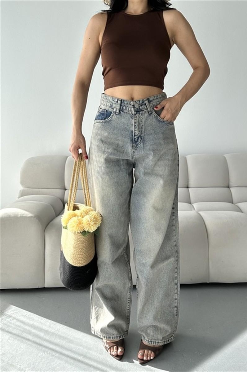 [SERİ] 2007 Geniş Dökümlü Paça Baggy Kot Pantolon - B.Kahve