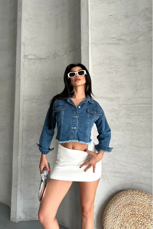 [SERİ] Çift Kapaklı Püsküllü Crop Kot Ceket - 2002  Mavi