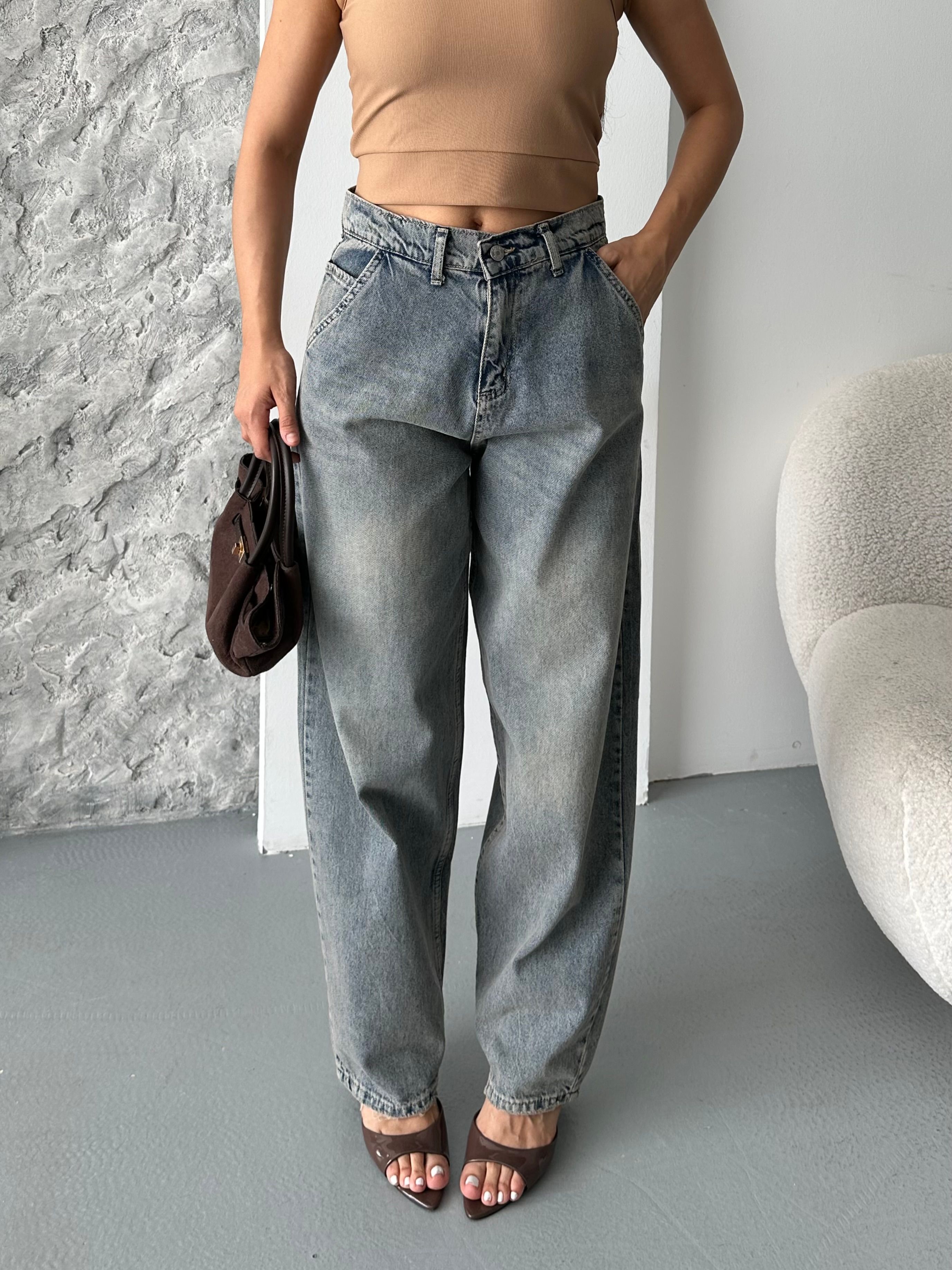 [SERİ] 2511 Yan Cepli Geniş Dökümlü Paça Baggy Kot Pantolon - Eskitme Kahve 