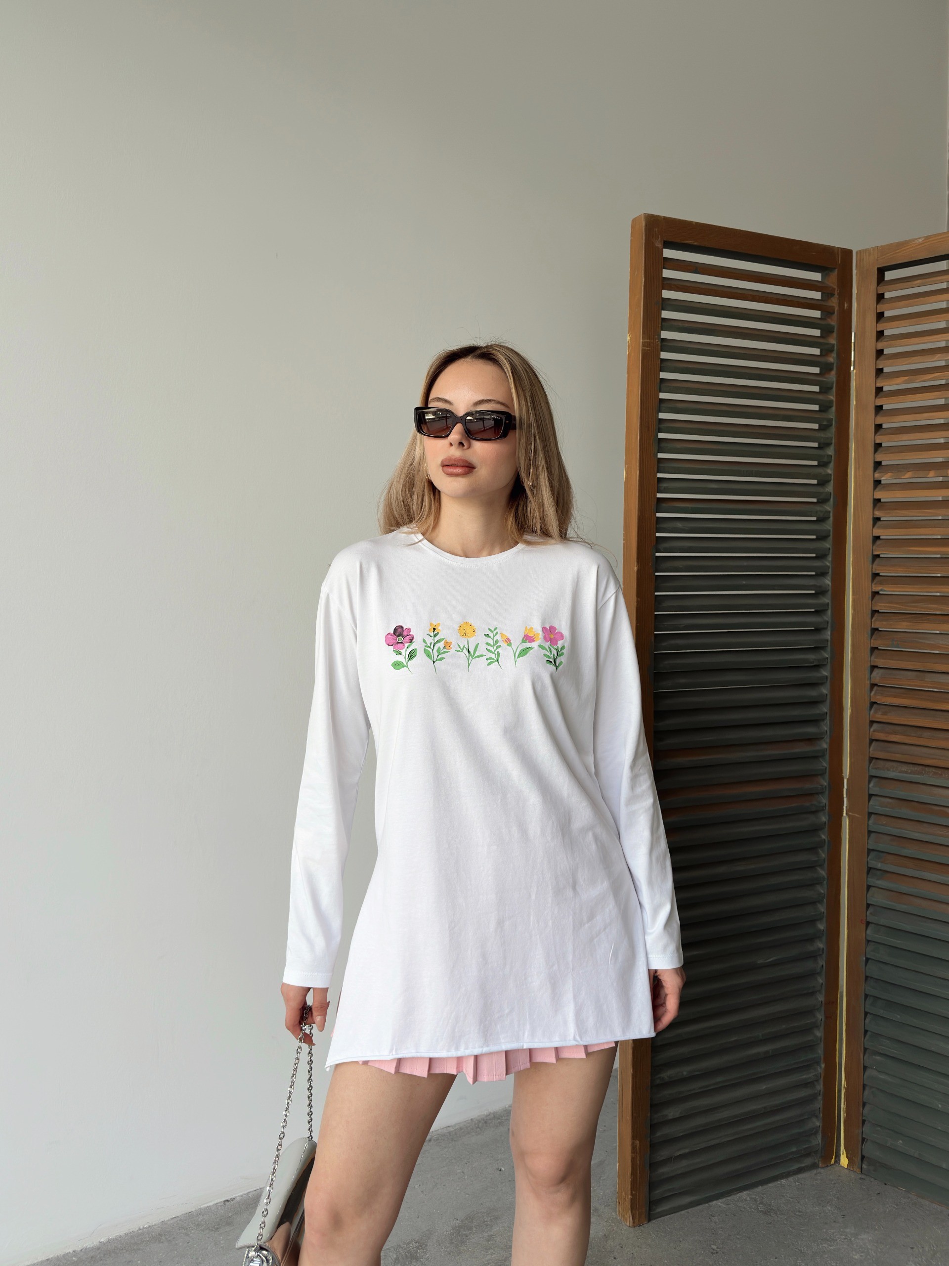 [SERİ] Çiçek Desenli Likralı Penye Elbise/Tunik - 20413 Ekru