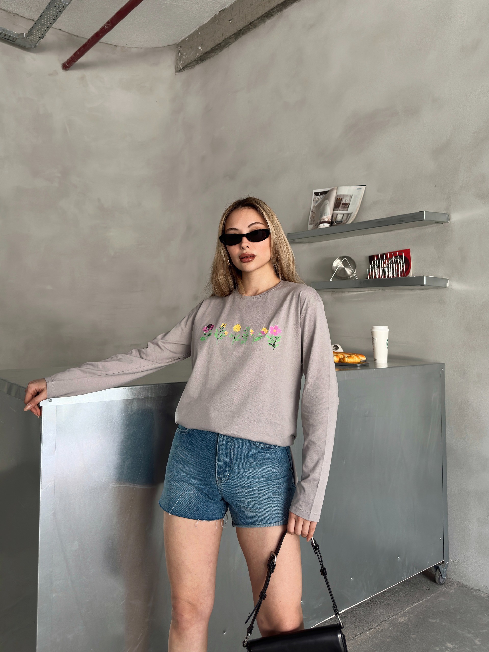 [SERİ] Çiçek Desenli Likralı Penye Elbise/Tunik - 20413 Gümüş