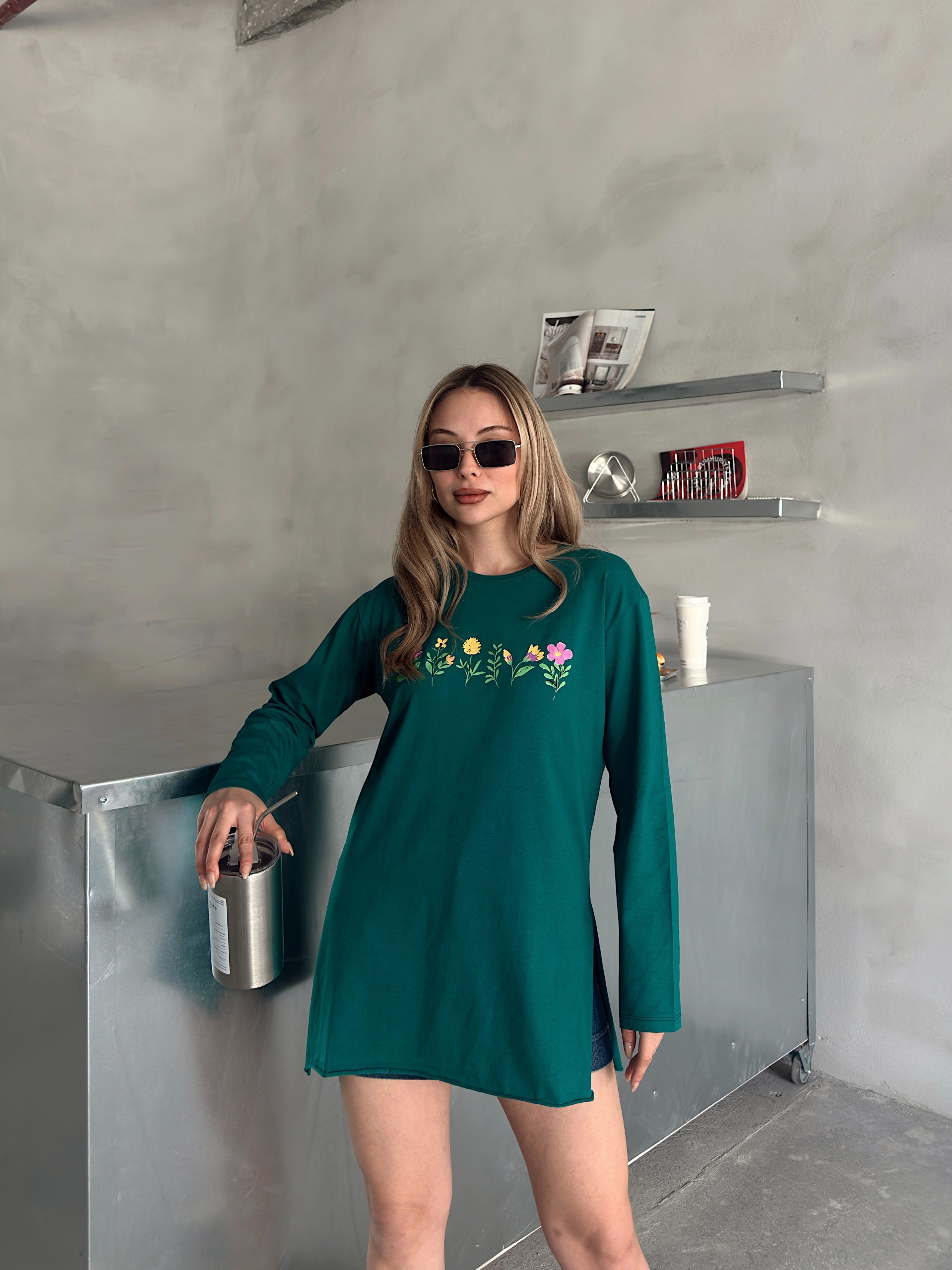 [SERİ] Çiçek Desenli Likralı Penye Elbise/Tunik - 20413 Zümrüt