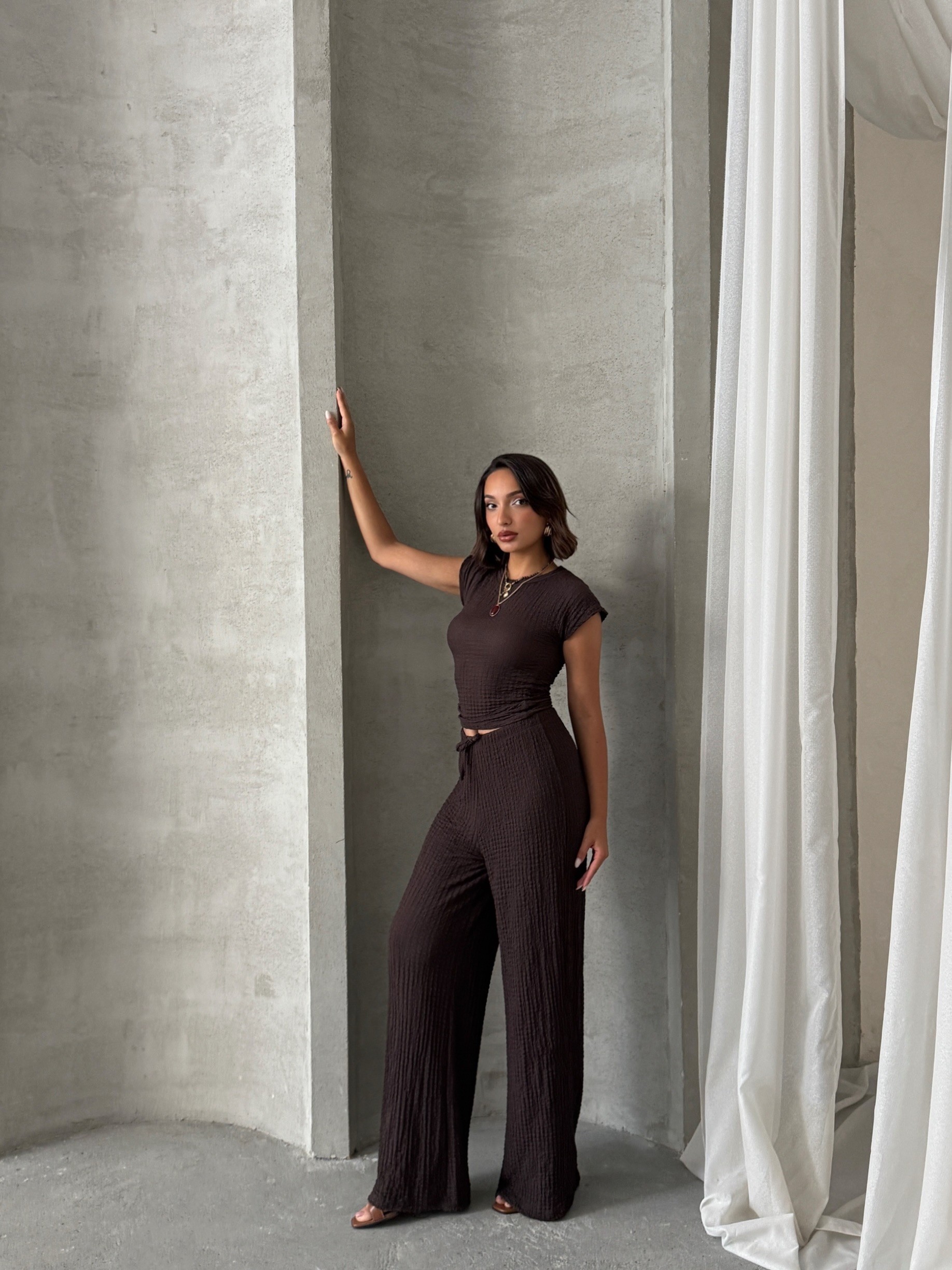 [SERİ] - İkili Crop Takım - 20562- Kahve