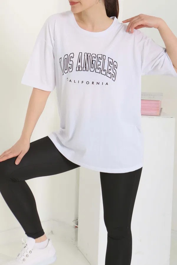 [SERİ]  Oversize Baskılı T- Shirt- 20524 Beyaz
