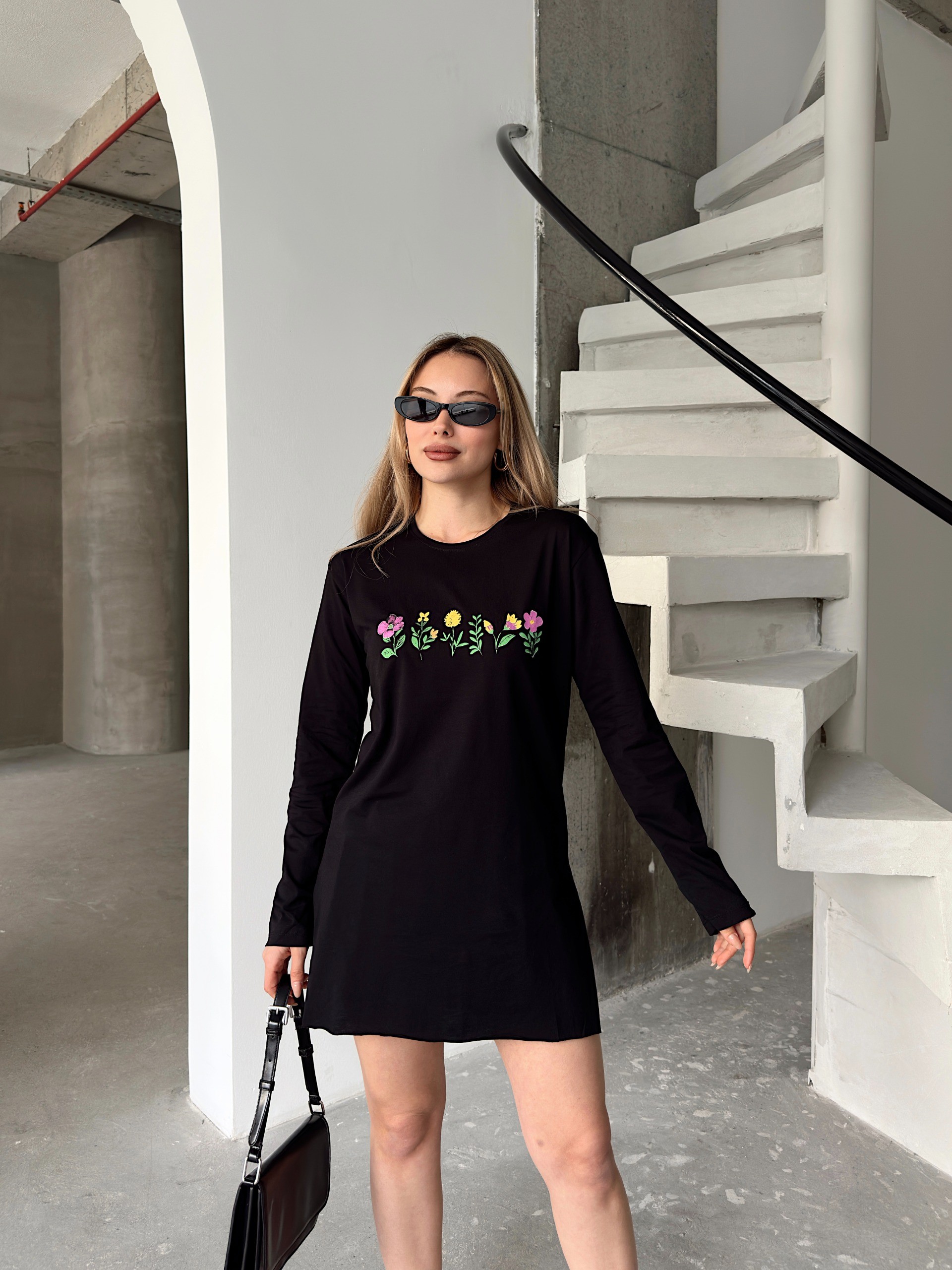 [SERİ] Çiçek Desenli Likralı Penye Elbise/Tunik - 20413 Siyah