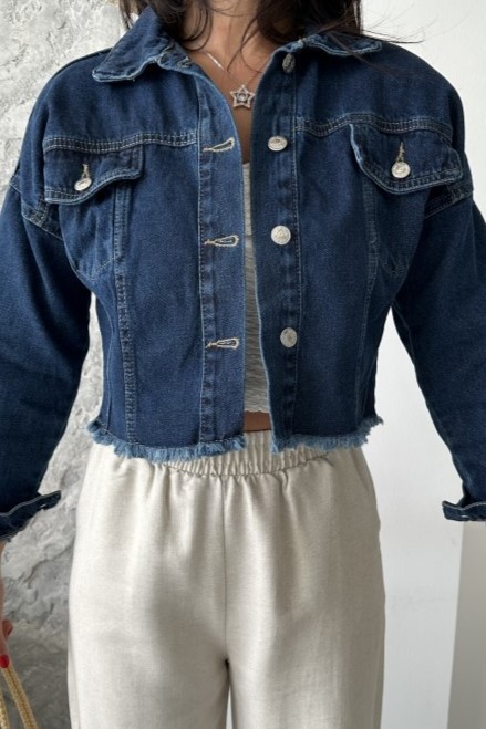 [SERİ] Çift Kapaklı Püsküllü Crop Kot Ceket - 2002 Koyu Mavi