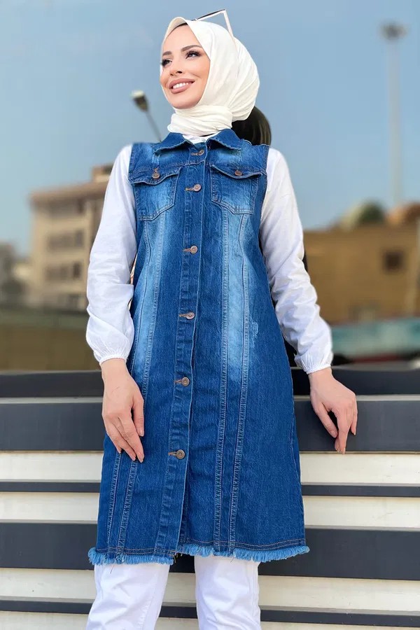 [SERİ] Uzun Kot Yelek - 20541 Mavi