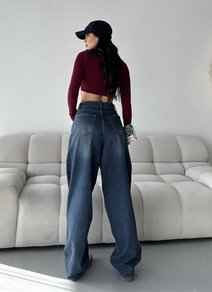 [SERİ] 2007 Geniş Dökümlü Paça Baggy Kot Pantolon - B.Koyu Mavi Tint
