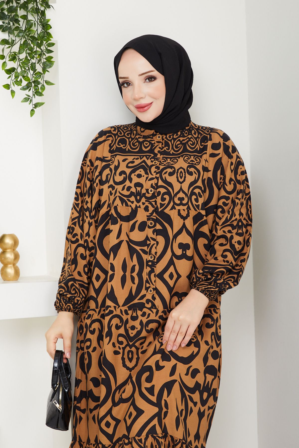 [SERİ] 20556 - Eteği Sulu Desenli Dokuma Viskon Elbise - Vizon