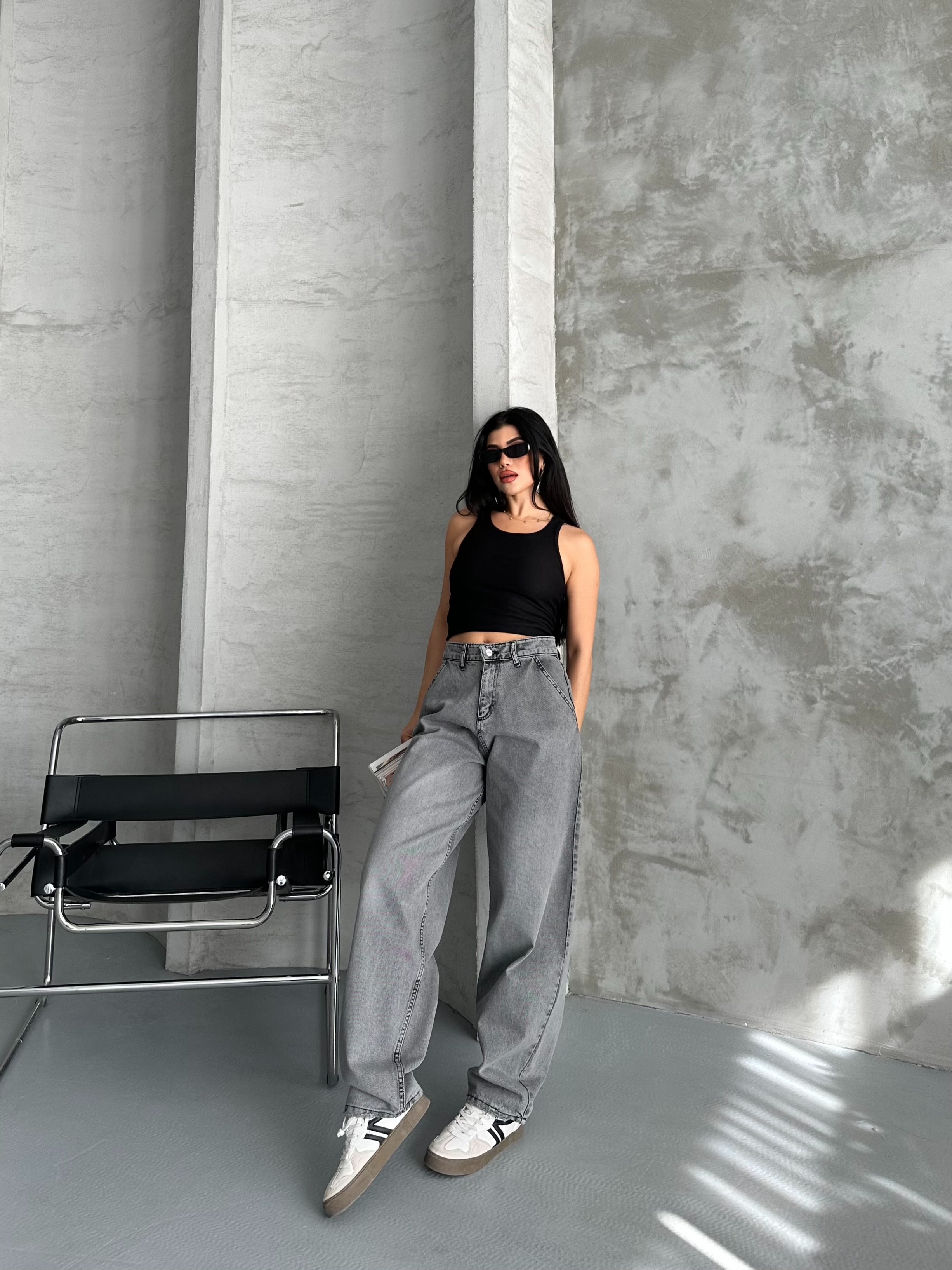 [SERİ] 2511 Yan Cepli Geniş Dökümlü Paça Baggy Kot Pantolon - Füme