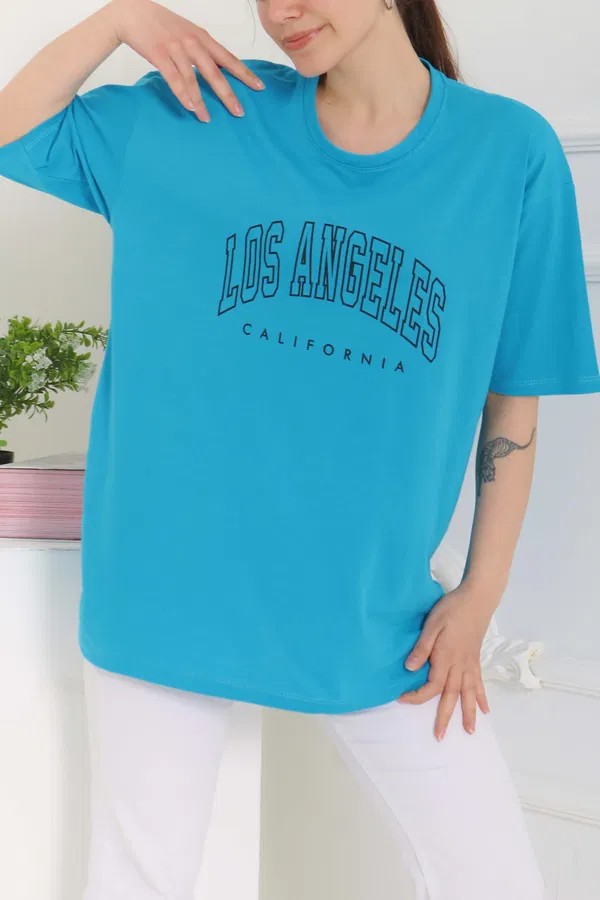 [SERİ]  Oversize Baskılı T- Shirt- 20524 Mavi