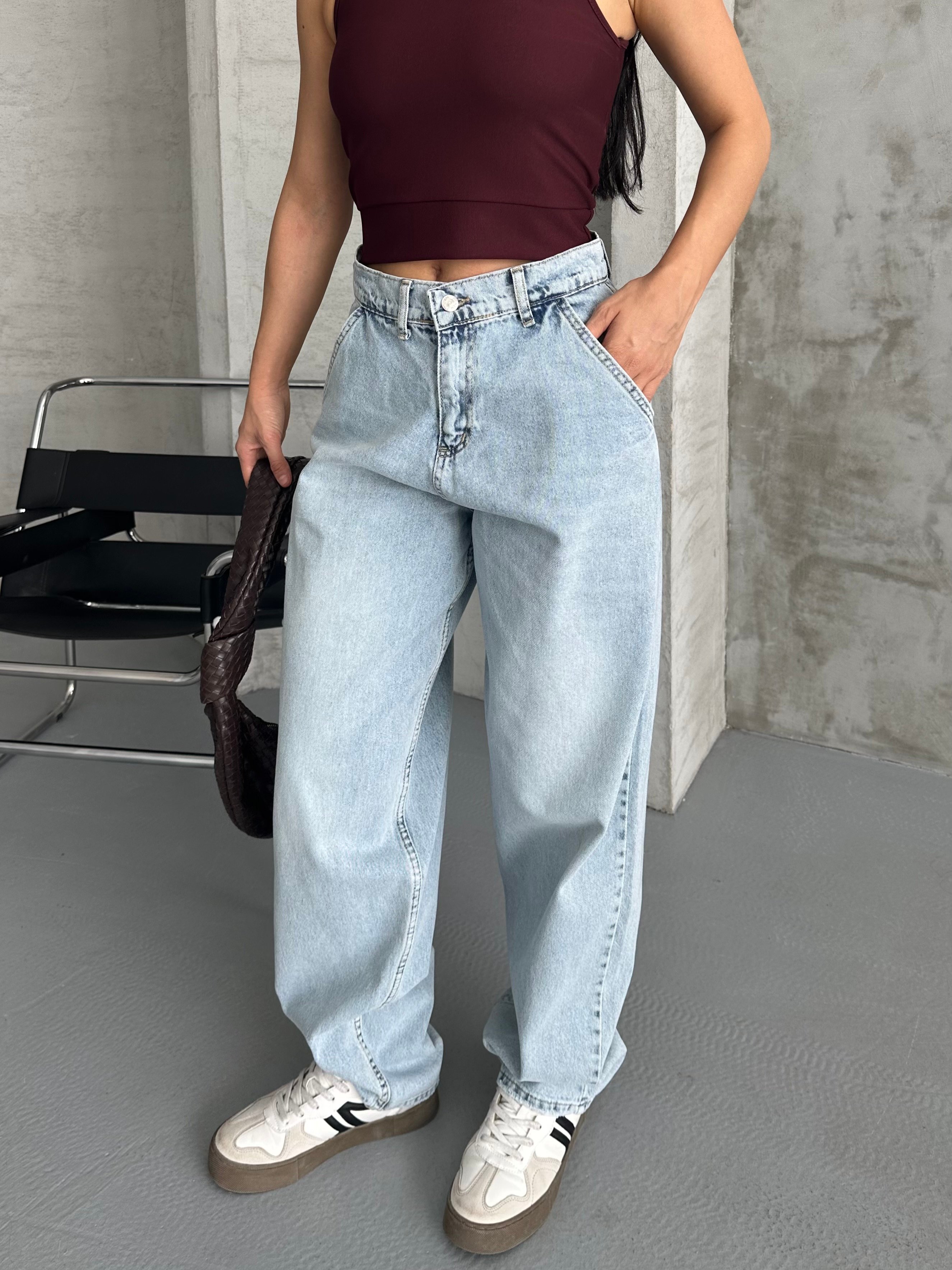 [SERİ] 2511 Yan Cepli Geniş Dökümlü Paça Baggy Kot Pantolon - Buz Mavi