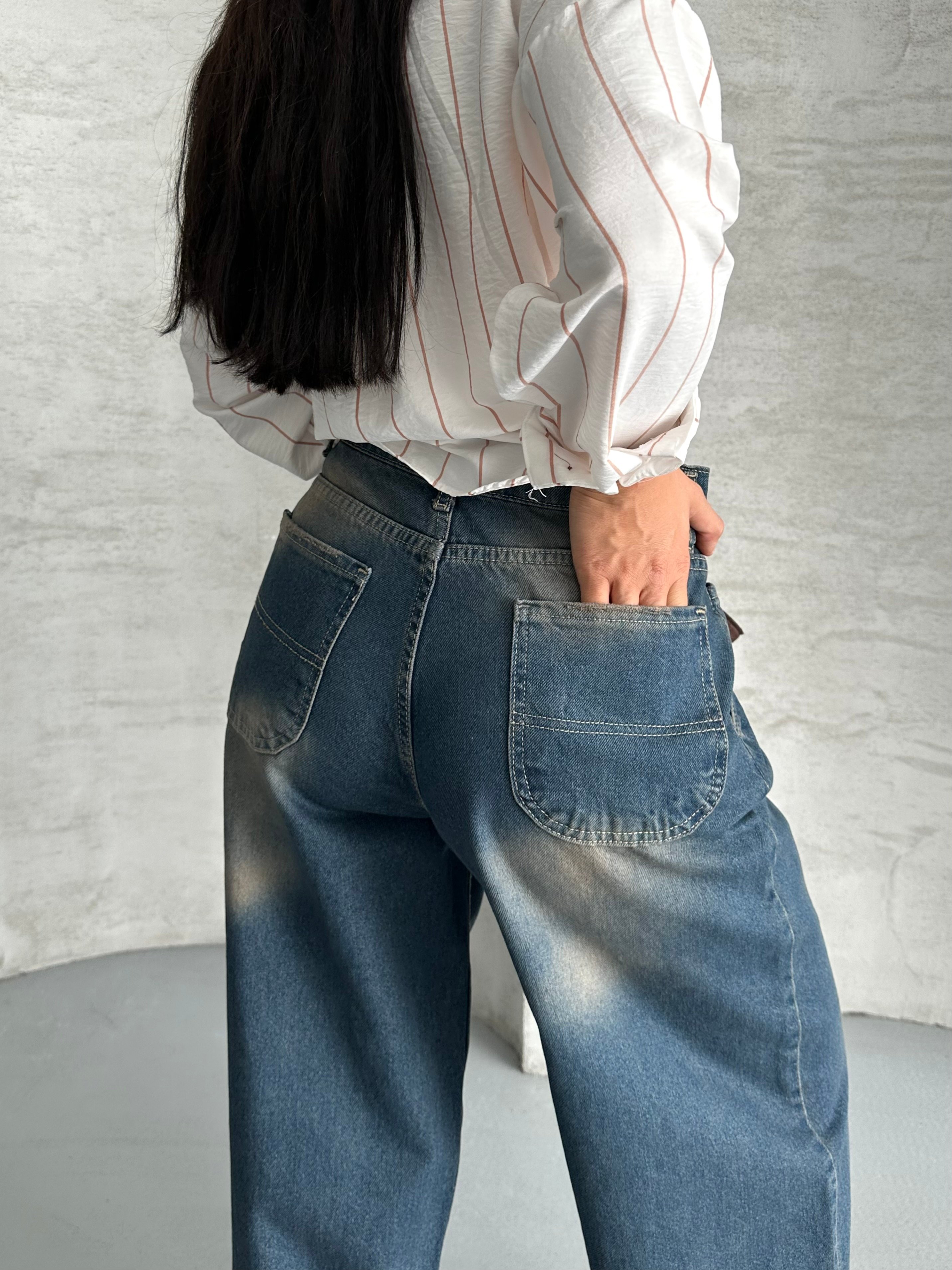 [SERİ] 2511 Yan Cepli Geniş Dökümlü Paça Baggy Kot Pantolon - Kahve Tint