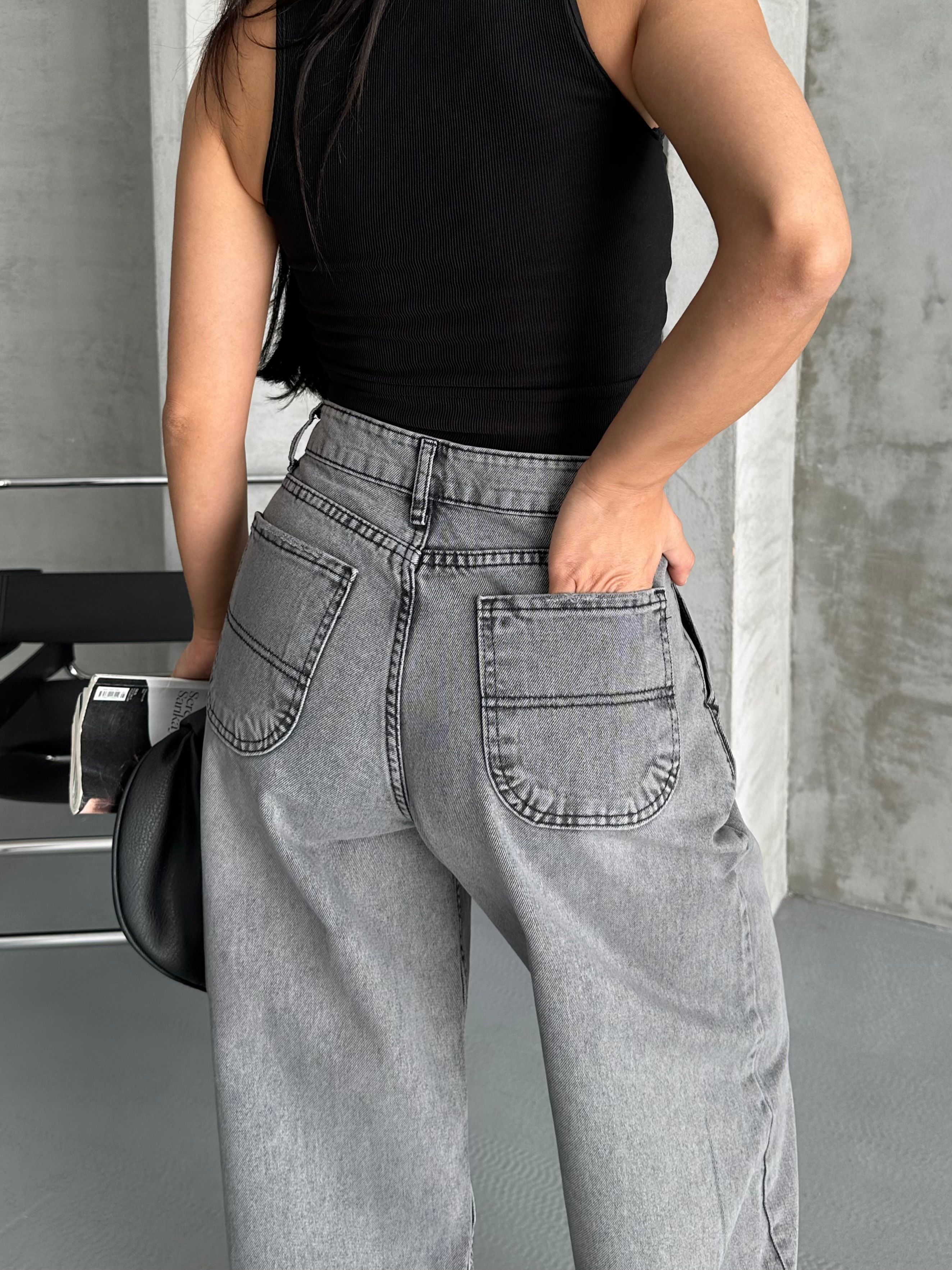 [SERİ] 2511 Yan Cepli Geniş Dökümlü Paça Baggy Kot Pantolon - Füme