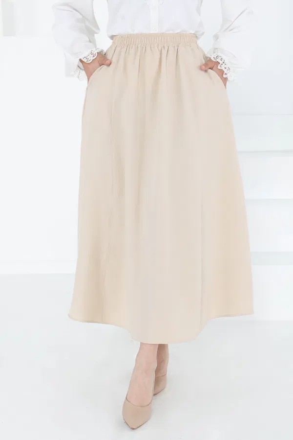 [SERİ] Cepli Keten Etek - 20548 Bej