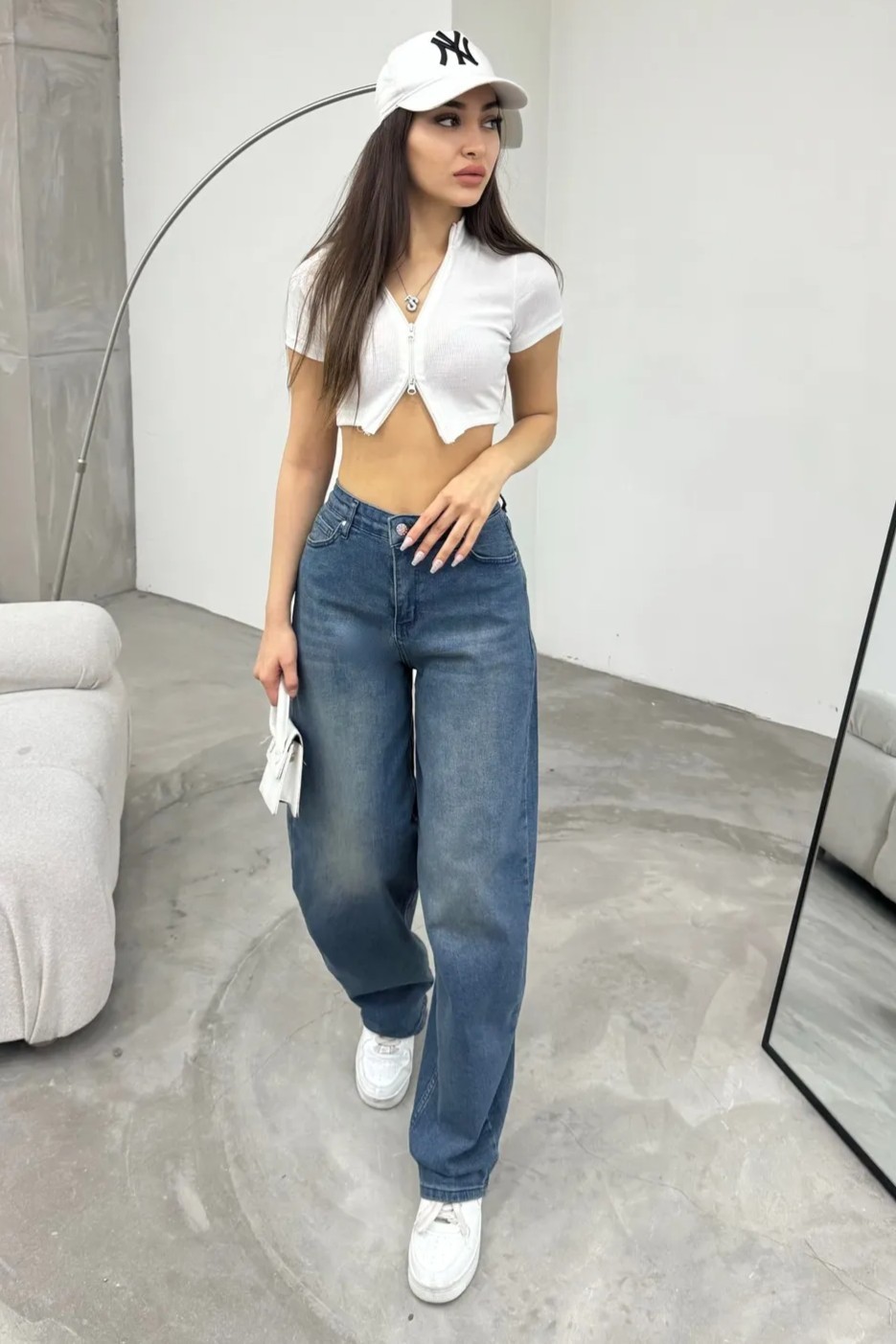 [SERİ] 20497 Geniş Dökümlü Paça Baggy Kot Pantolon - Retro Koyu Mavi