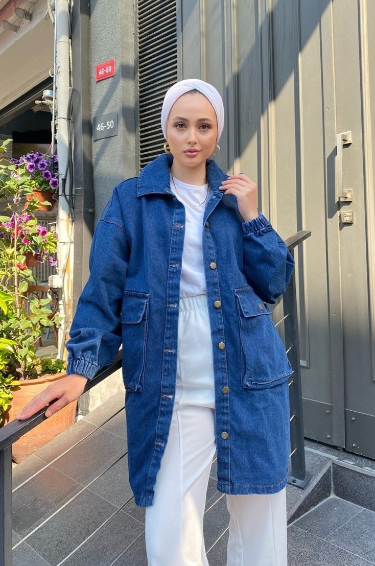 [SERİ] Oversize Uzun Kot Ceket - 20465 - Koyu Mavi