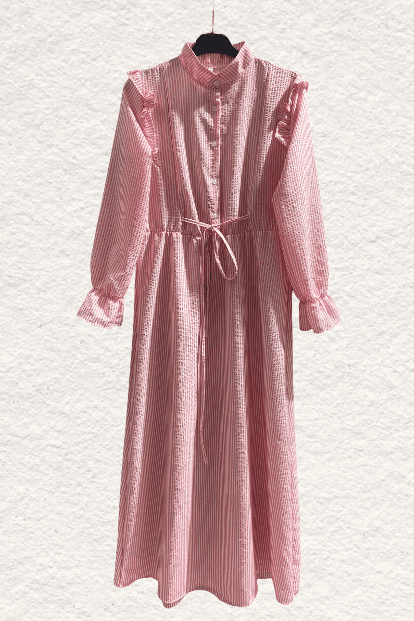 [SERİ] 20543-  Çizgili Bağcıklı Elbise - Pembe