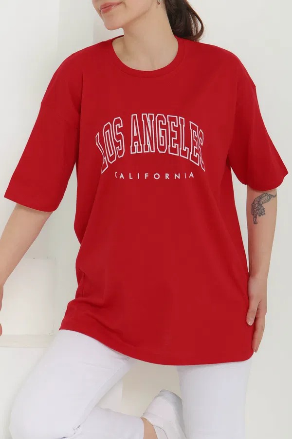 [SERİ]  Oversize Baskılı T- Shirt- 20524 Kırmızı