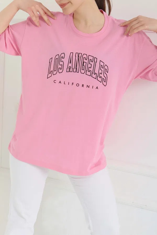 [SERİ]  Oversize Baskılı T- Shirt- 20524 Pembe