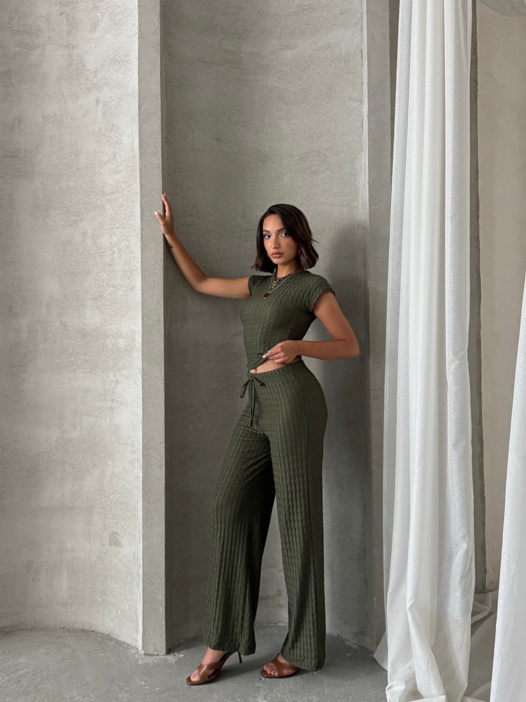 [SERİ] - İkili Crop Takım - 20562- Haki