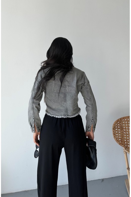 [SERİ] Çift Kapaklı Püsküllü Crop Kot Ceket - 2002  Füme