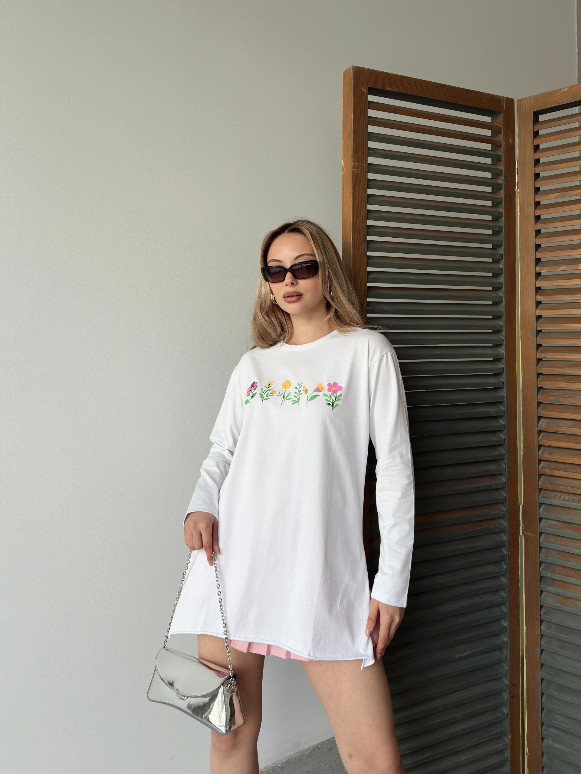 [SERİ] Çiçek Desenli Likralı Penye Elbise/Tunik - 20413 Ekru