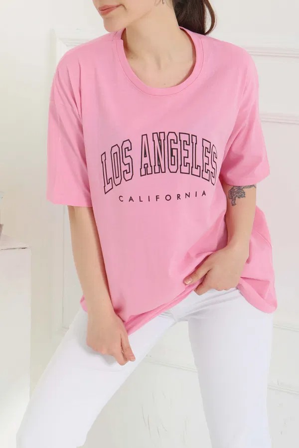 [SERİ]  Oversize Baskılı T- Shirt- 20524 Pembe