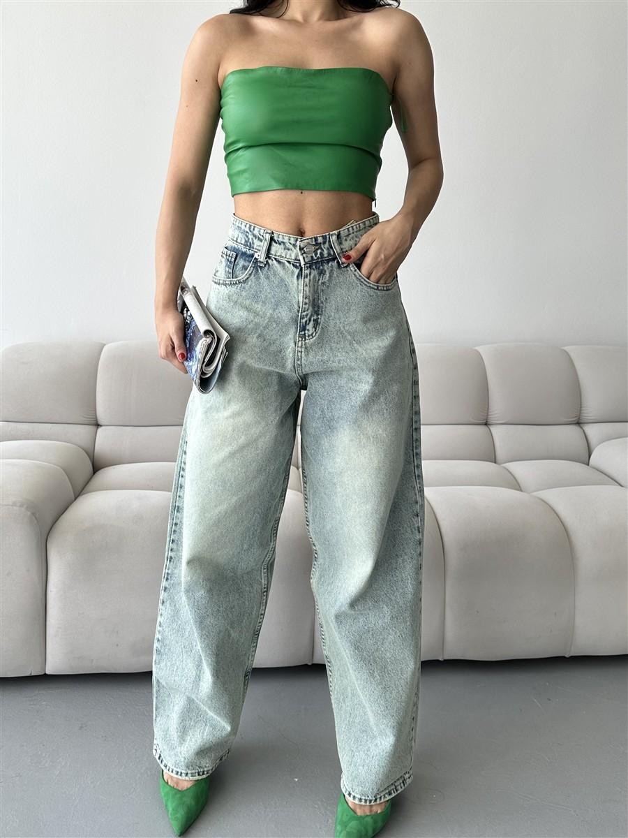 [SERİ] 2007 Geniş Dökümlü Paça Baggy Kot Pantolon - B.Yeşil Tint