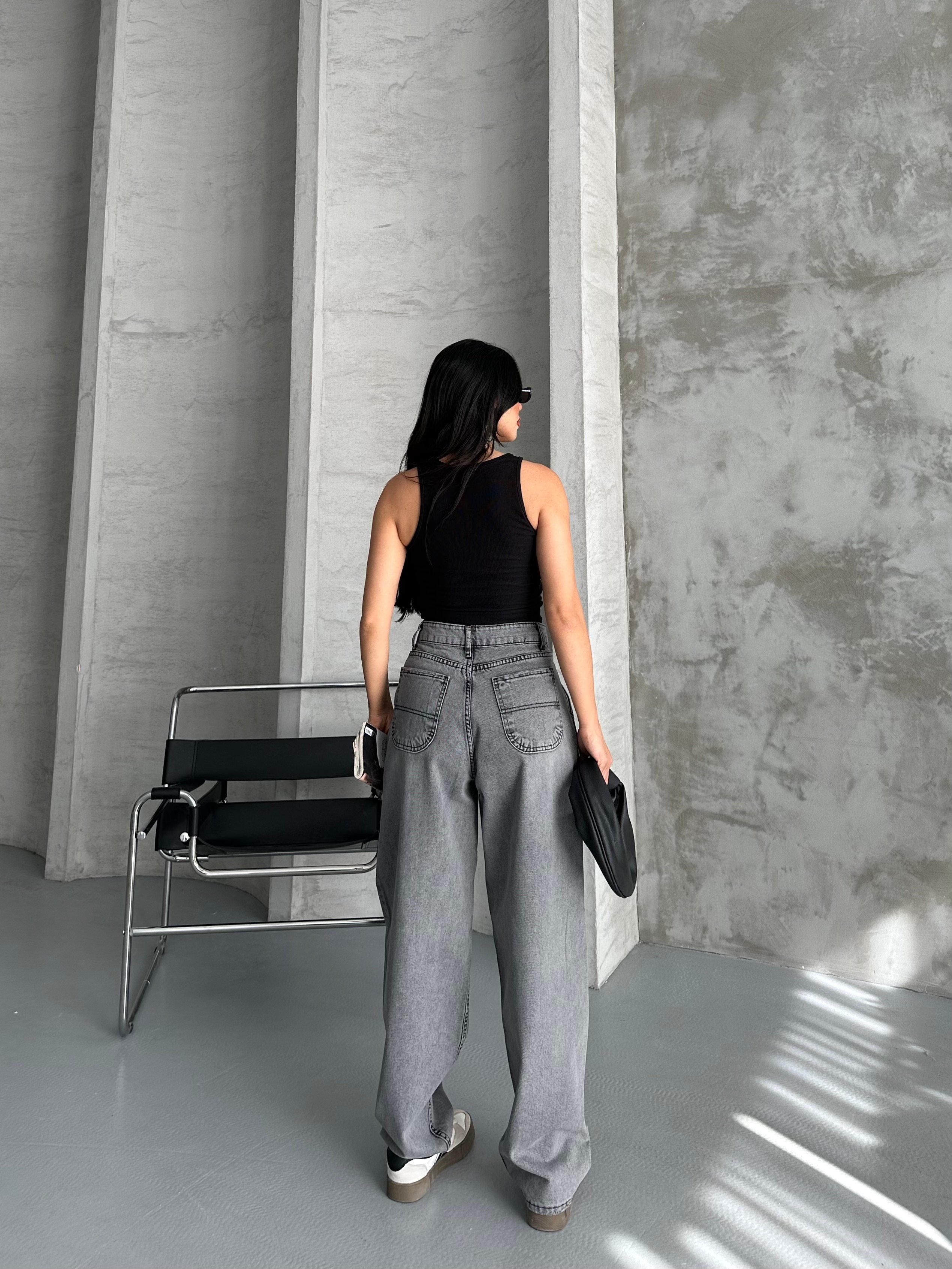 [SERİ] 2511 Yan Cepli Geniş Dökümlü Paça Baggy Kot Pantolon - Füme