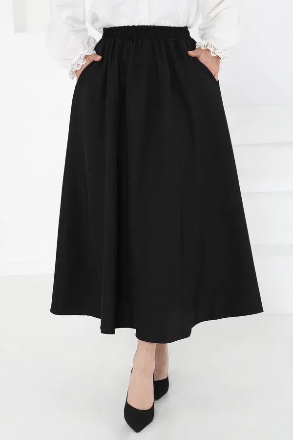 [SERİ] Cepli Keten Etek - 20548 Siyah