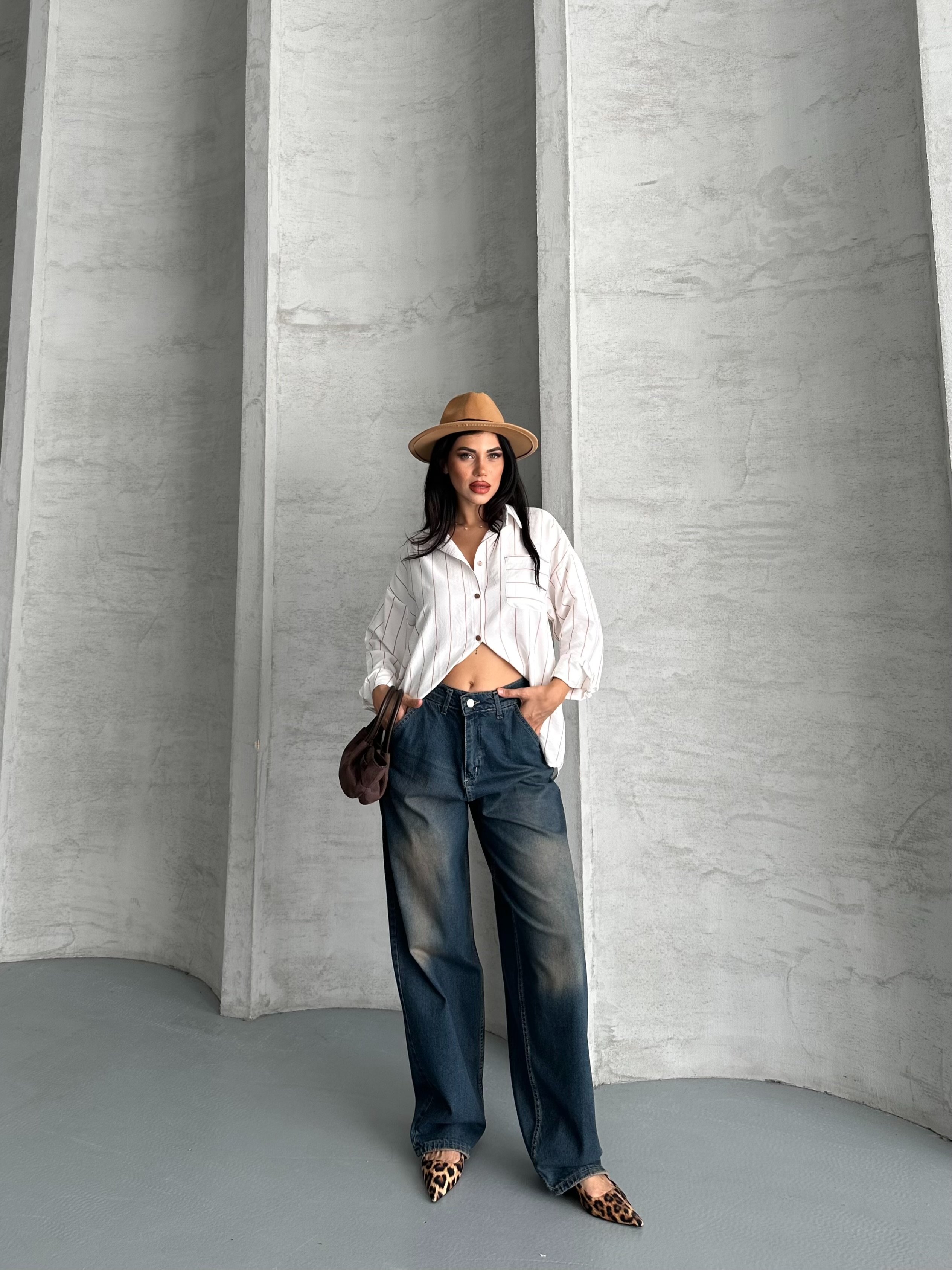 [SERİ] 2511 Yan Cepli Geniş Dökümlü Paça Baggy Kot Pantolon - Kahve Tint