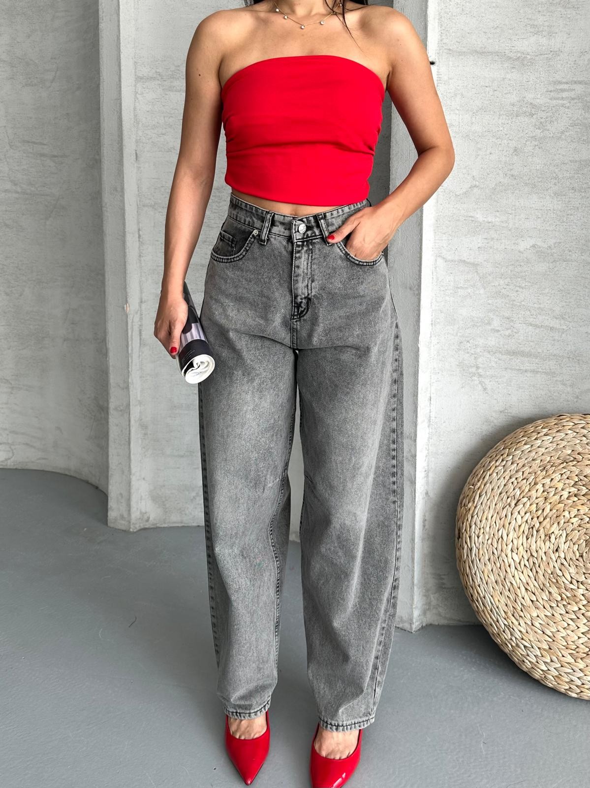 [SERİ] 2016 Toka Detaylı Baggy Kot Pantolon - Füme