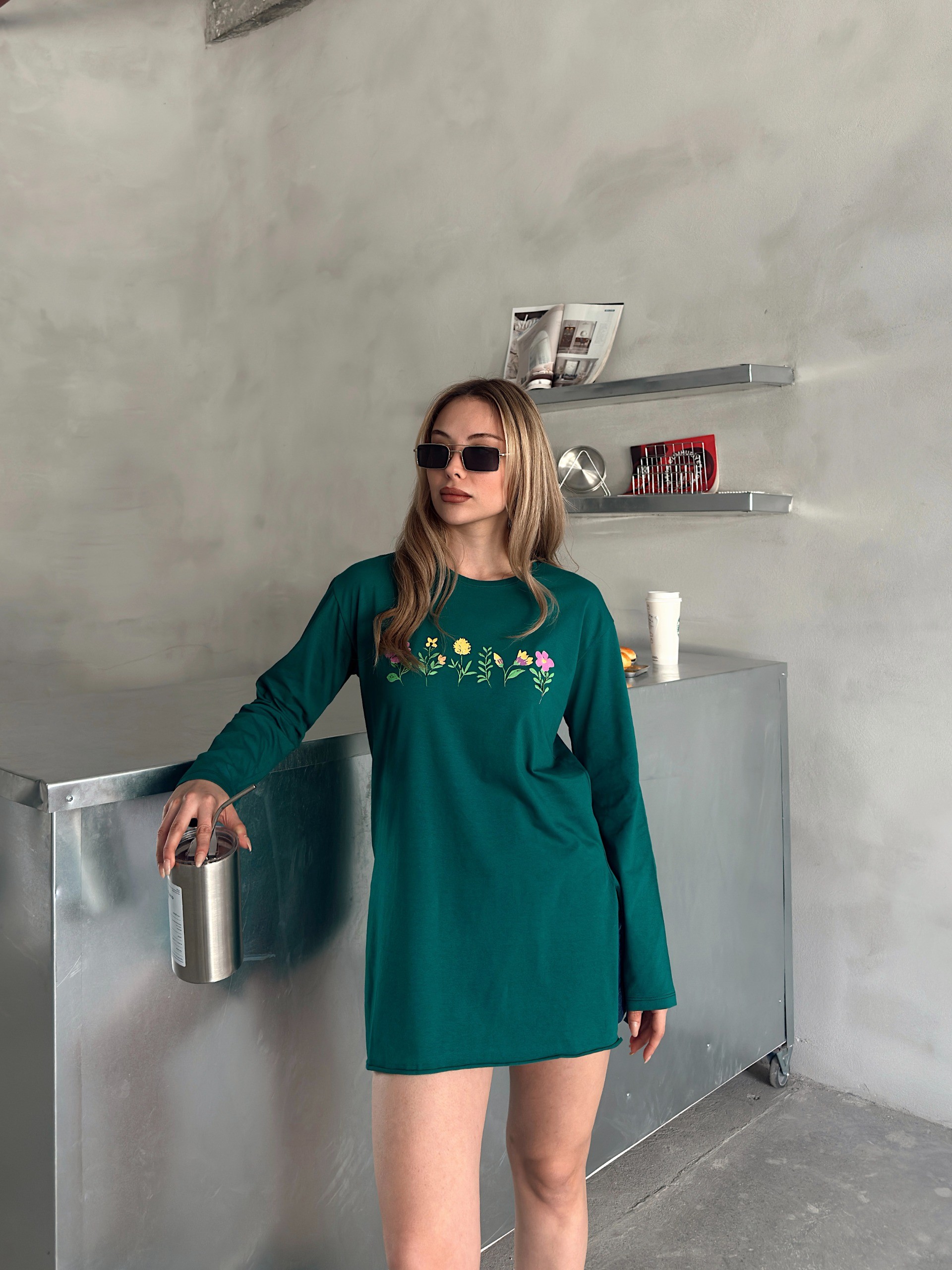 [SERİ] Çiçek Desenli Likralı Penye Elbise/Tunik - 20413 Zümrüt