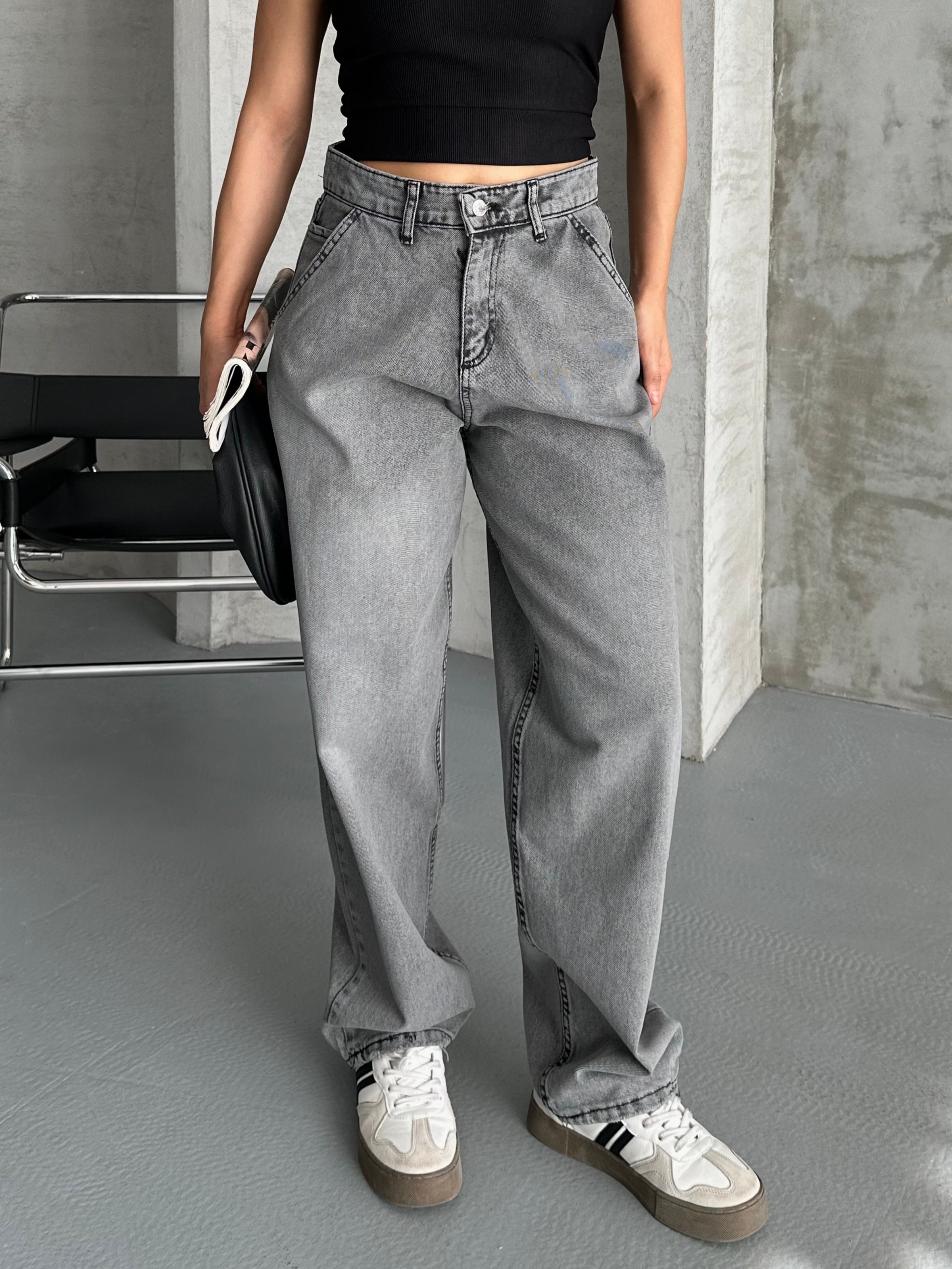 [SERİ] 2511 Yan Cepli Geniş Dökümlü Paça Baggy Kot Pantolon - Füme