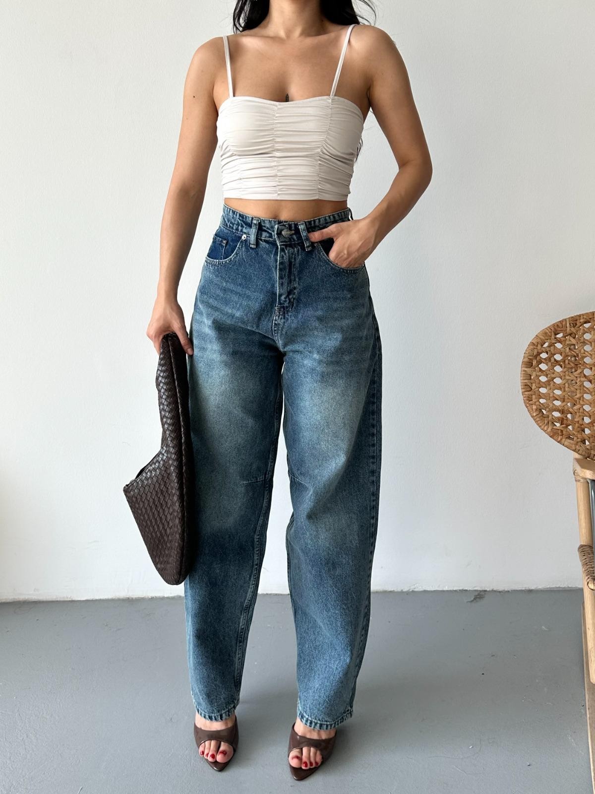 [SERİ] 2016 Toka Detaylı Baggy Kot Pantolon - Koyu Yeşil Tint