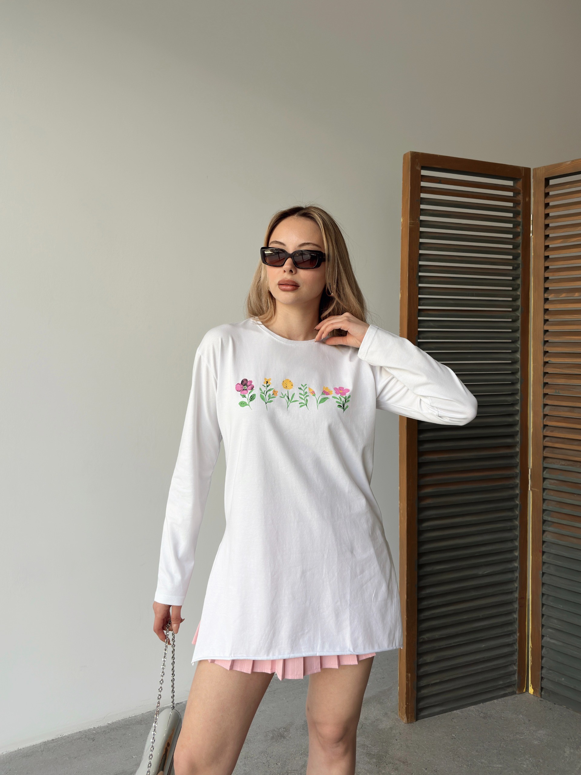 [SERİ] Çiçek Desenli Likralı Penye Elbise/Tunik - 20413 Ekru