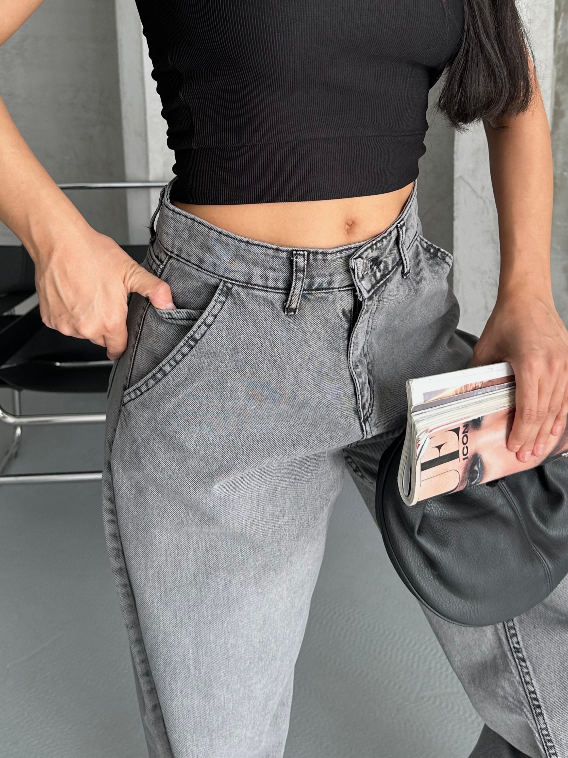 [SERİ] 2511 Yan Cepli Geniş Dökümlü Paça Baggy Kot Pantolon - Füme