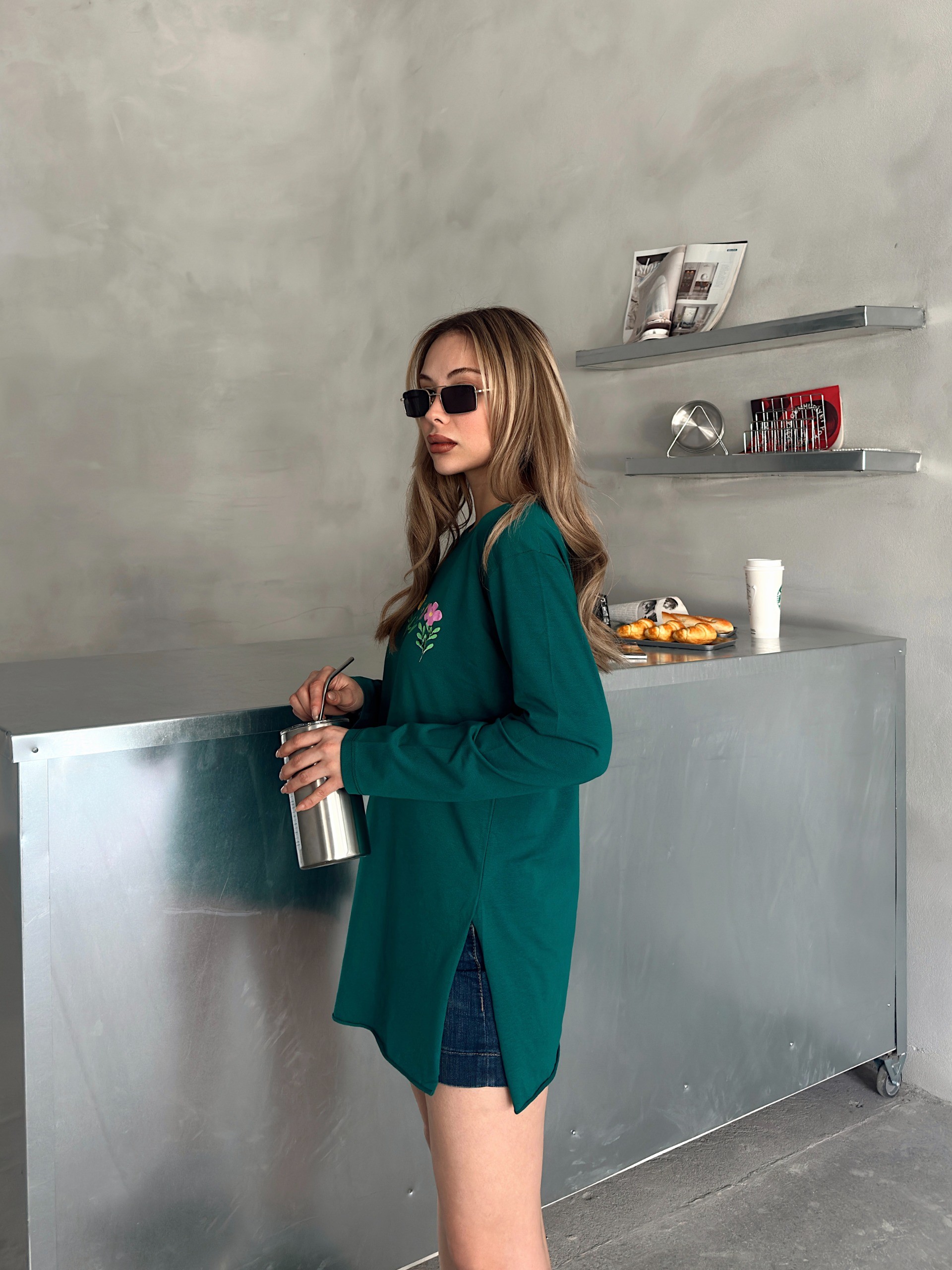 [SERİ] Çiçek Desenli Likralı Penye Elbise/Tunik - 20413 Zümrüt