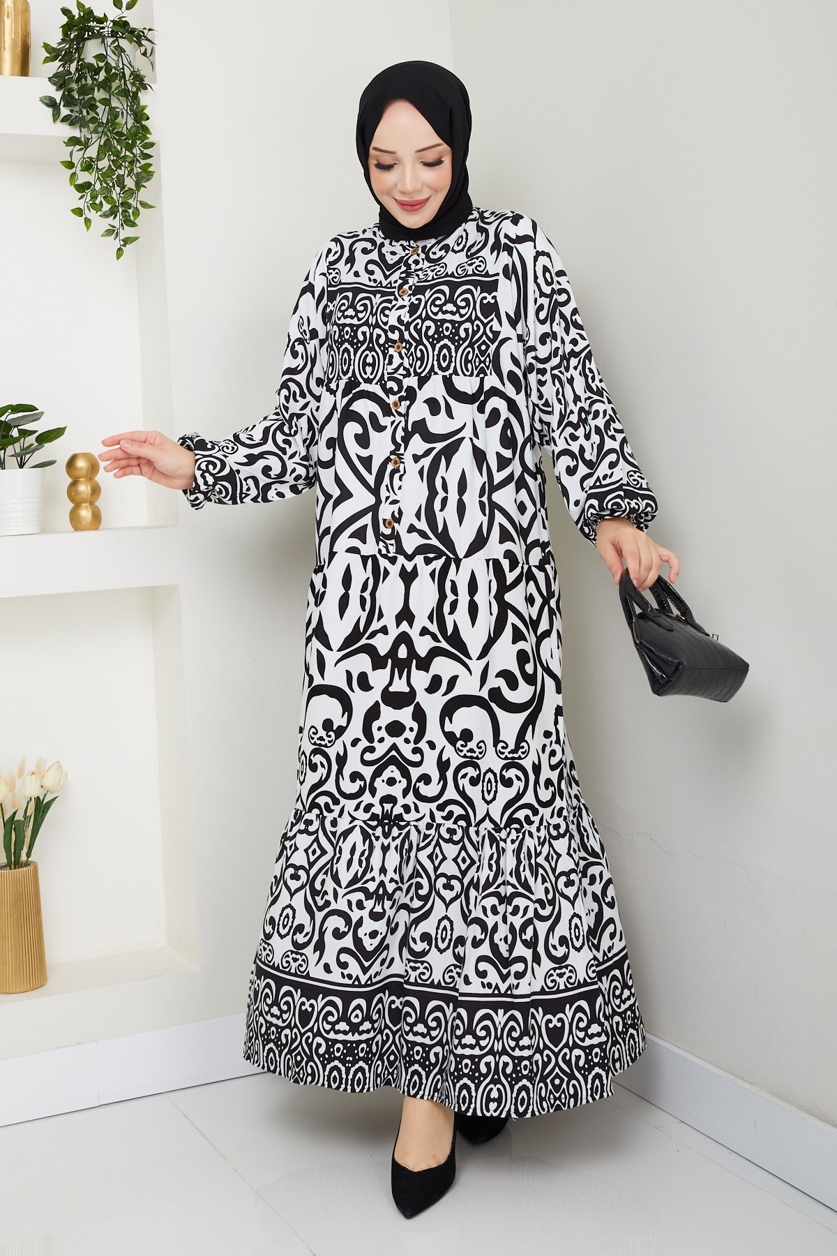 [SERİ] 20556 - Eteği Sulu Desenli Dokuma Viskon Elbise - Beyaz