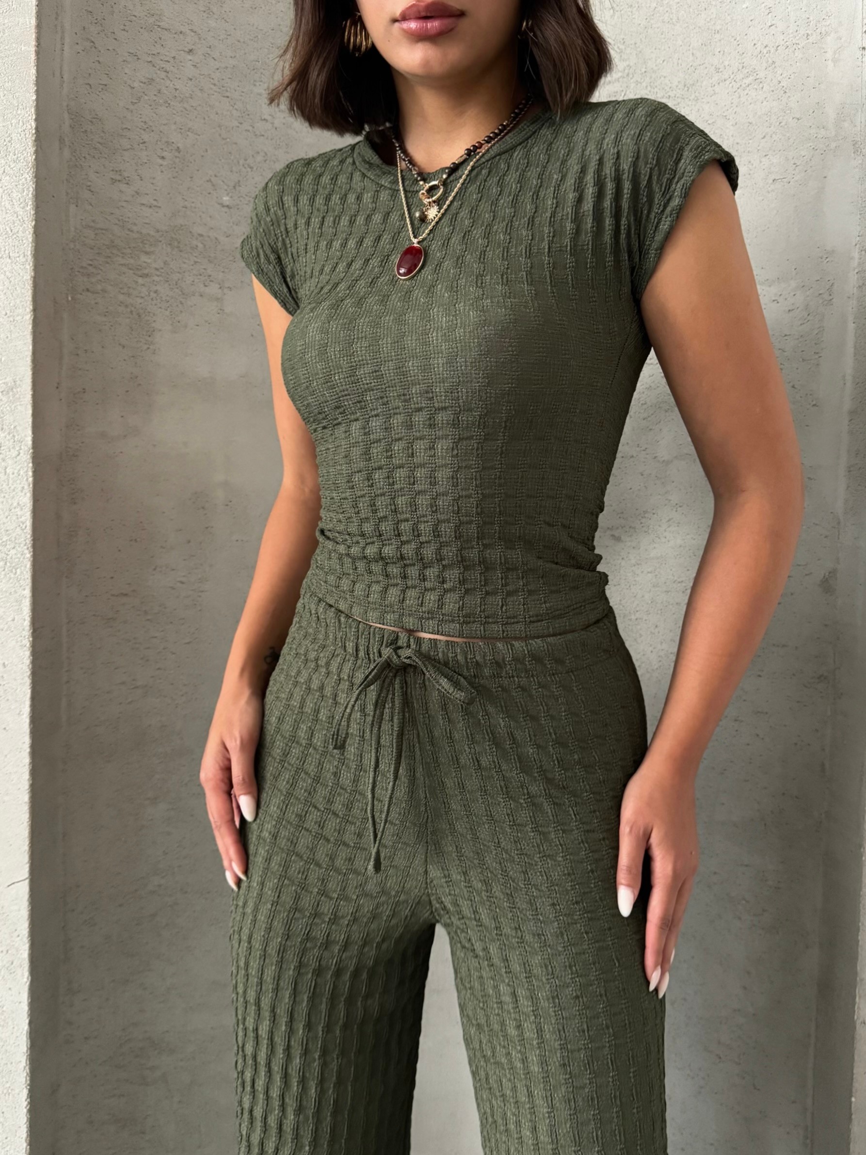 [SERİ] - İkili Crop Takım - 20562- Haki