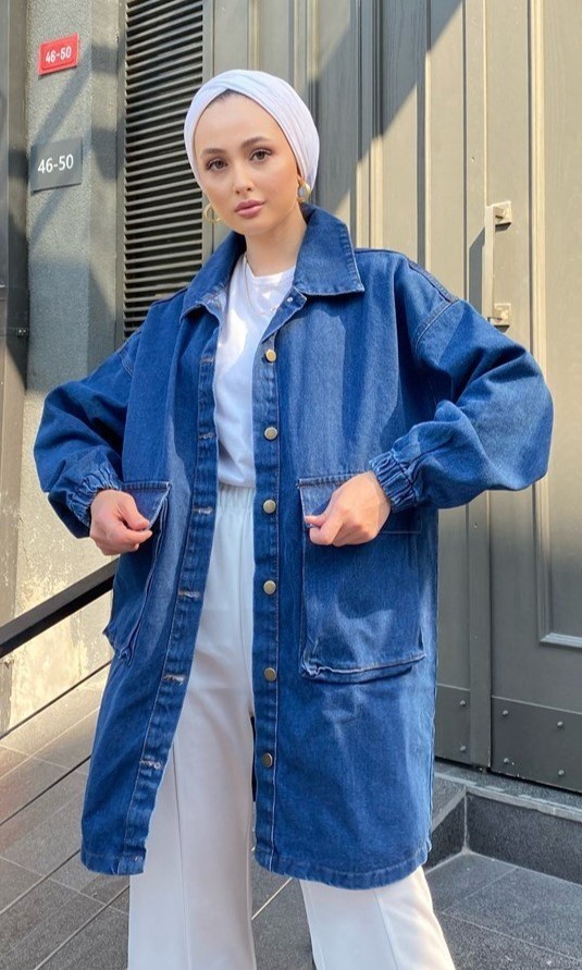 [SERİ] Oversize Uzun Kot Ceket - 20465 - Koyu Mavi