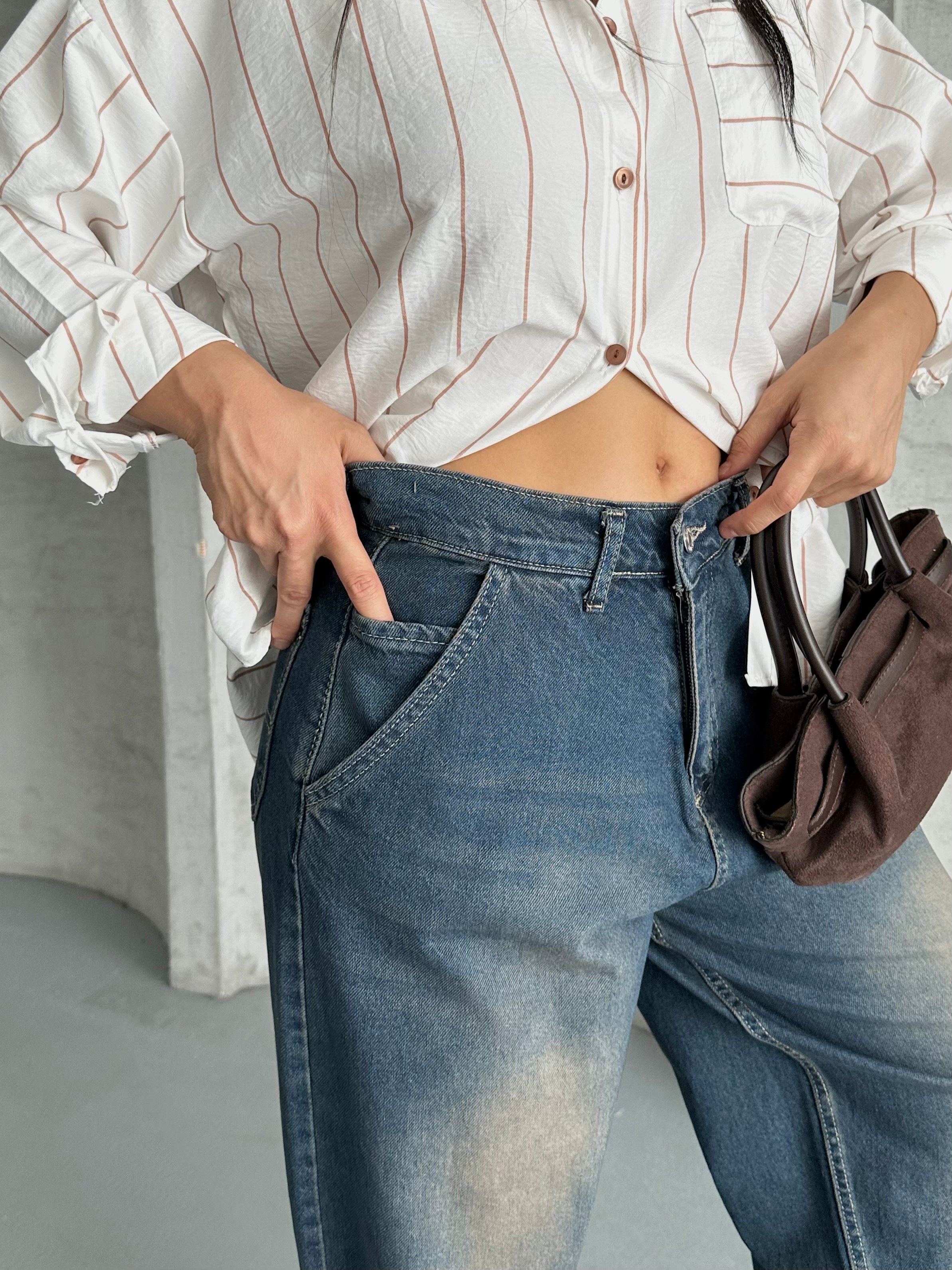 [SERİ] 2511 Yan Cepli Geniş Dökümlü Paça Baggy Kot Pantolon - Kahve Tint