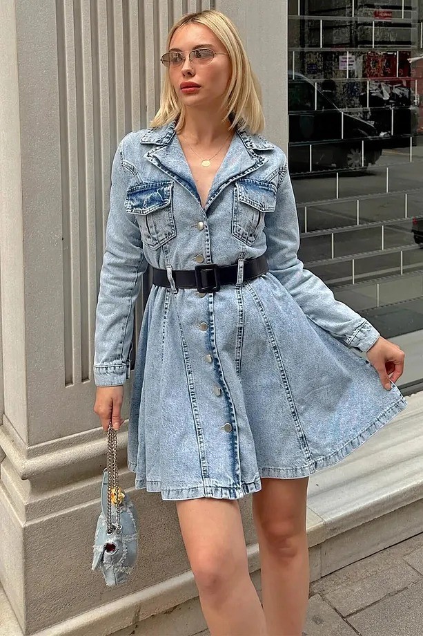 [SERİ] Düğme Detaylı Kemerli Mini Kot Elbise - 20559 Mavi