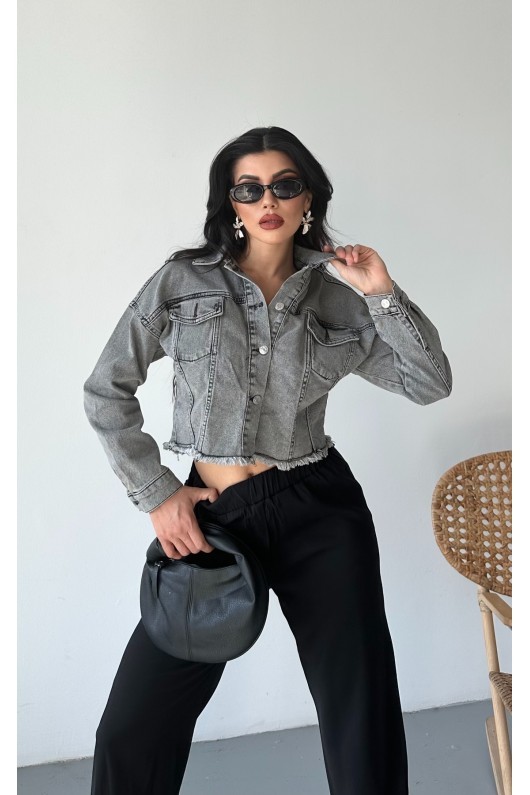 [SERİ] Çift Kapaklı Püsküllü Crop Kot Ceket - 2002  Füme