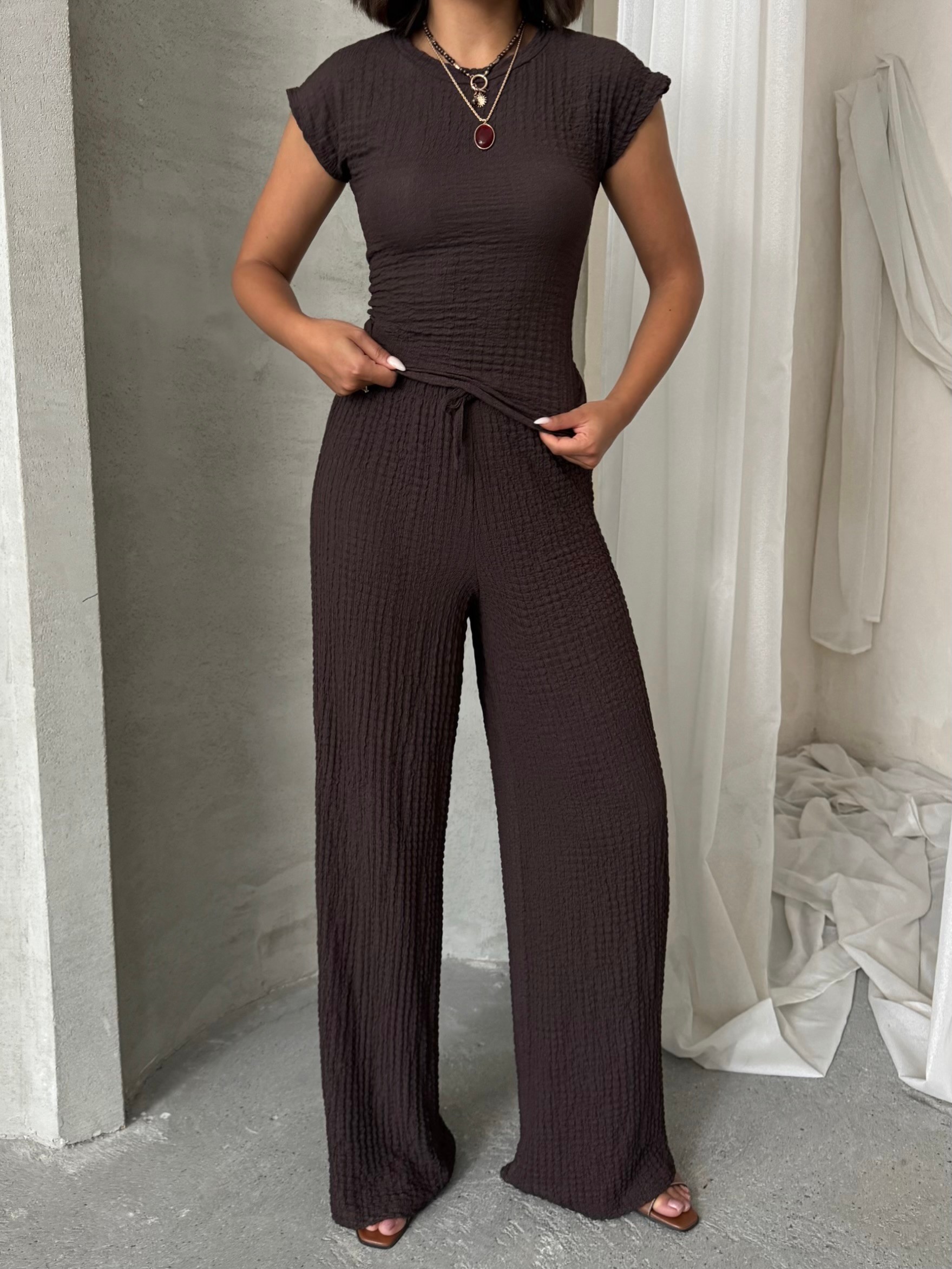 [SERİ] - İkili Crop Takım - 20562- Kahve