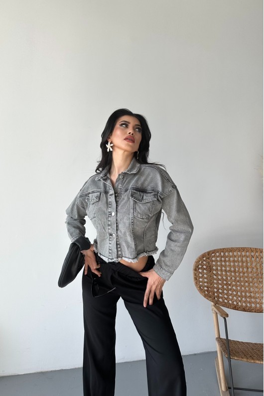 [SERİ] Çift Kapaklı Püsküllü Crop Kot Ceket - 2002  Füme