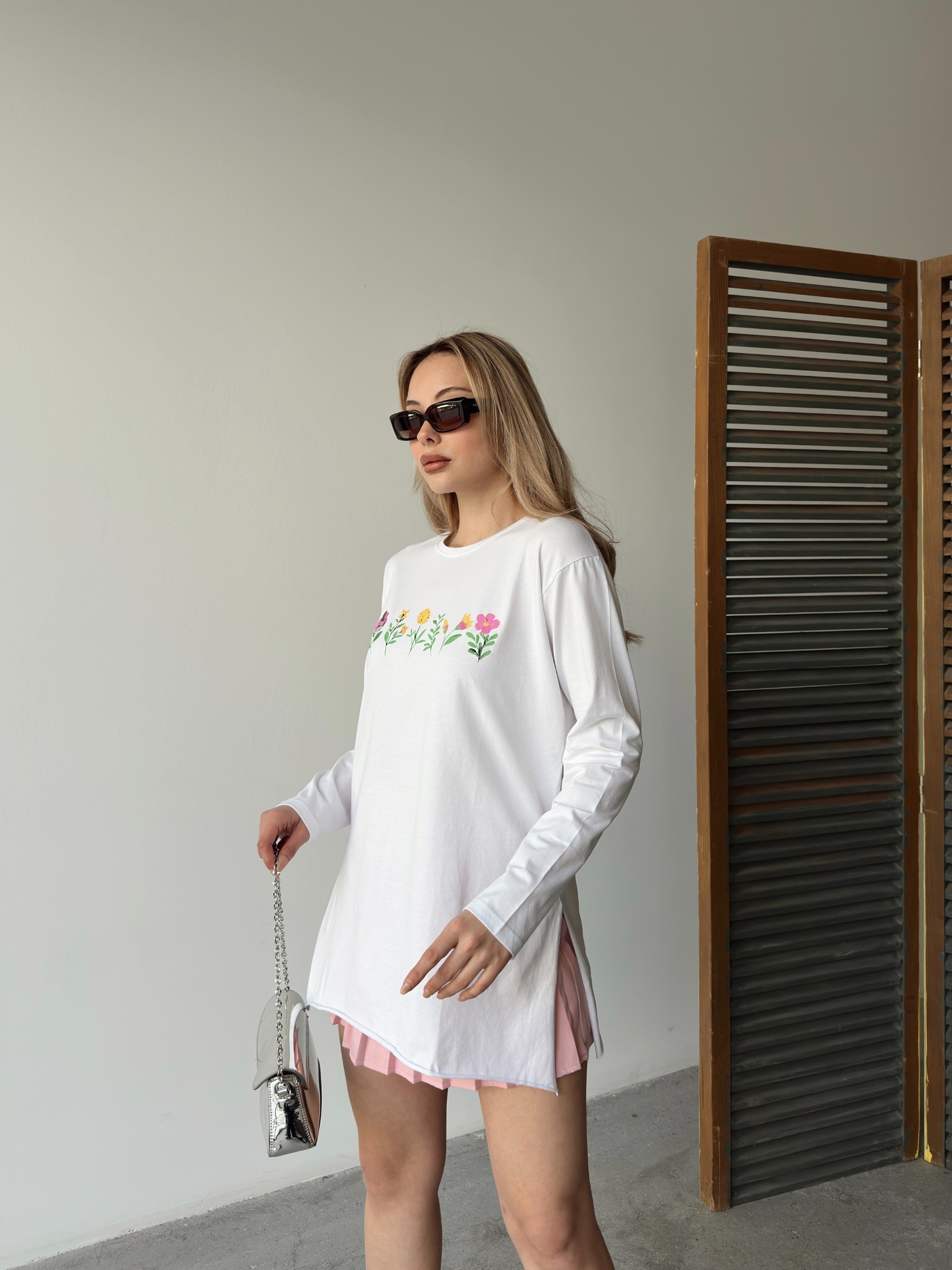 [SERİ] Çiçek Desenli Likralı Penye Elbise/Tunik - 20413 Ekru